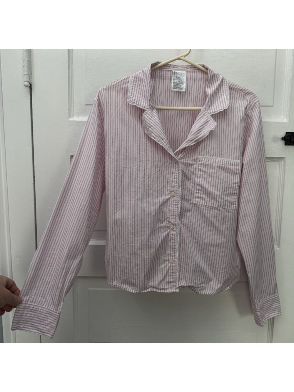 H&M Women S Pink White Stripe Cotton Lace Trim Button Front Pajama Top